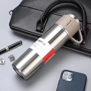 Vacuum Flask Gift Set With 3 Stainless Steel Cups – Keeps Hot/Cold