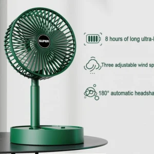 A USB rechargeable mini fan that is foldable and portable, featuring a telescopic design