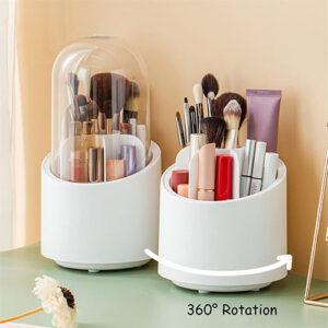 360 Degree Rotation Cosmetic Brush Holder with Transparent Top and Box with Clear Acrylic Cover.