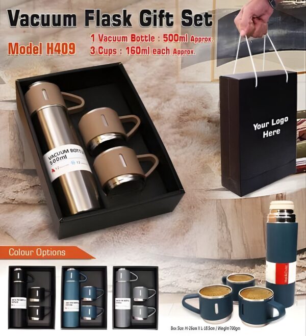 Vacuum Flask Gift Set With 3 Stainless Steel Cups – Keeps Hot/Cold