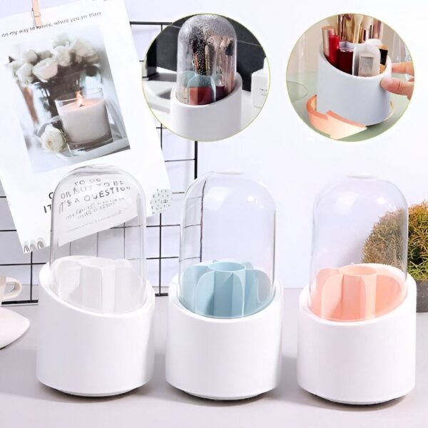 360 Degree Rotation Cosmetic Brush Holder with Transparent Top and Box with Clear Acrylic Cover.